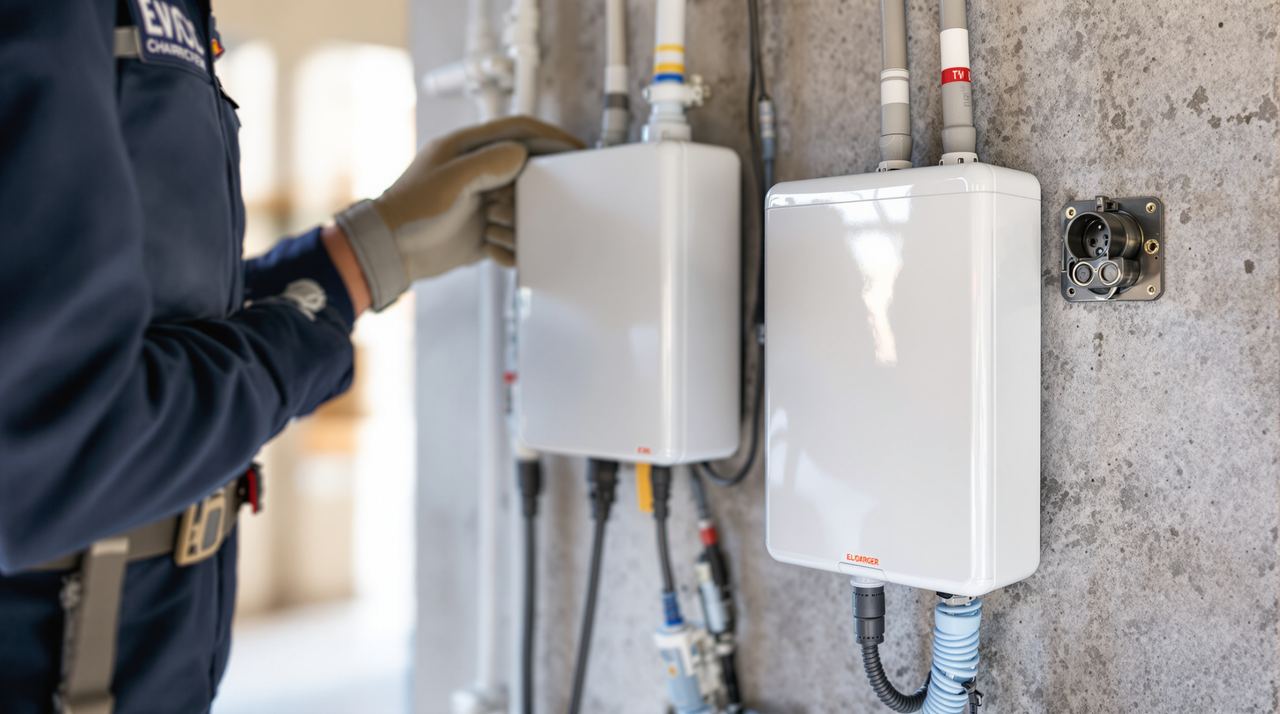 Electricista autorizado instalando cargador eléctrico en pared de garaje comunitario en Barcelona