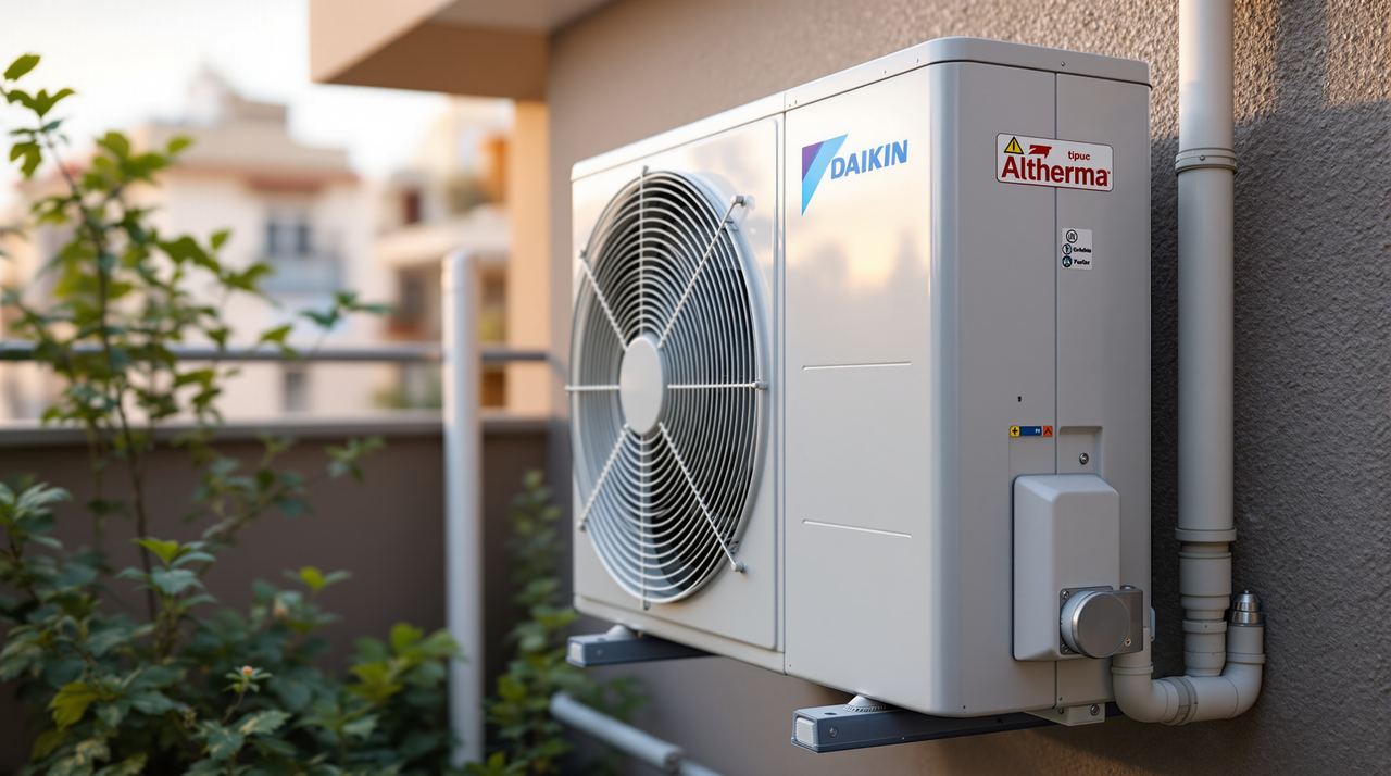 Unidad exterior de aerotermia Daikin Altherma instalada en terraza de vivienda en Barcelona