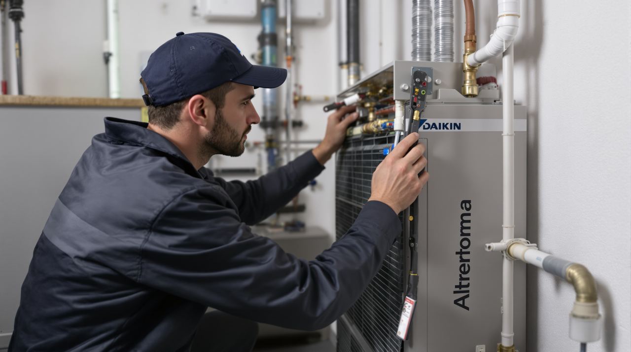 Técnico de ICEBOX conectando hidrokit interior de aerotermia Daikin Altherma en sala de instalaciones