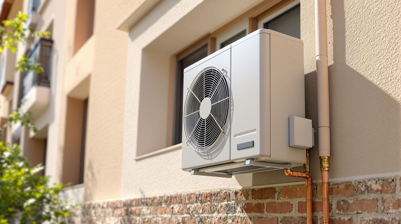 Unidad exterior de bomba de calor de aerotermia instalada en fachada de vivienda en Barcelona