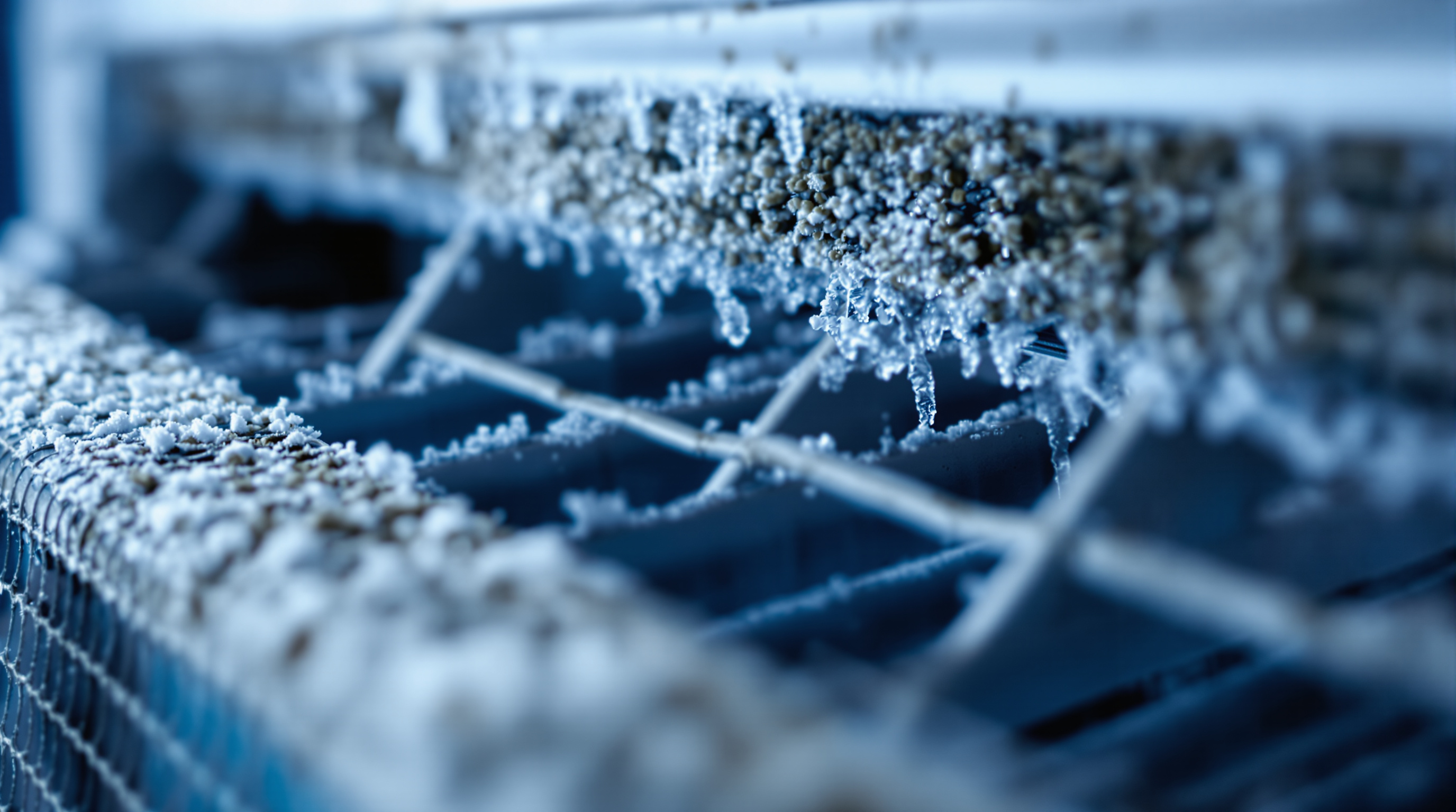 Detalle de evaporador de aire acondicionado con escarcha y filtros sucios
