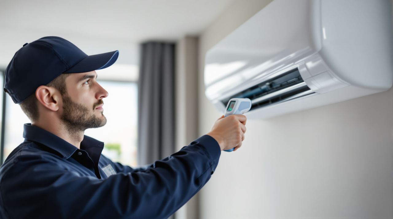 Técnico de climatización midiendo temperatura de salida de un split mural en una vivienda