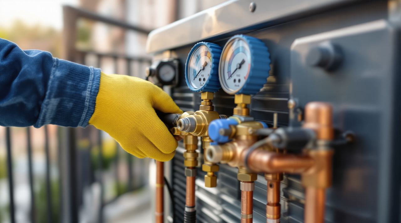 Técnico utilizando manómetros para comprobar presión de gas refrigerante en unidad exterior de aire acondicionado