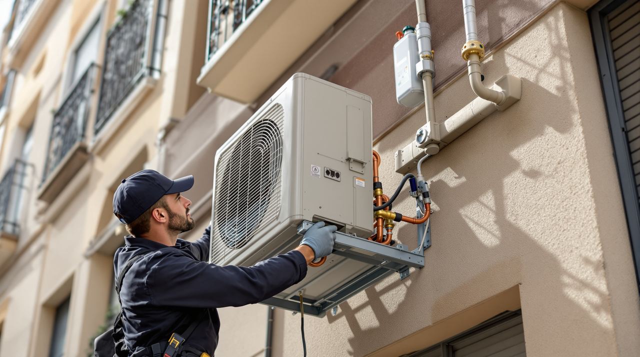 Técnico de ICEBOX instalando unidad exterior de aire acondicionado en la fachada de un local comercial en Barcelona