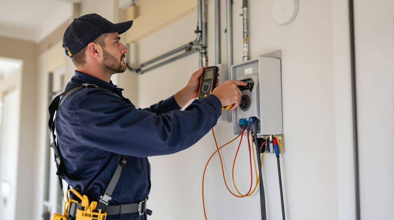 Instalador eléctrico montando un cargador trifásico en la pared de un garaje