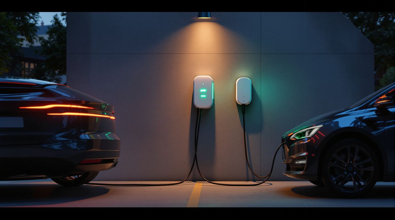 Coche eléctrico conectado a un cargador trifásico en la plaza de garaje de una vivienda