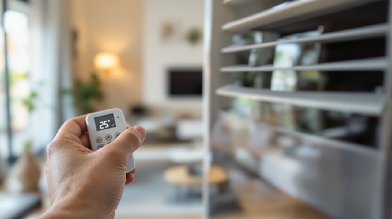 Mando de aire acondicionado ajustado a 25 grados en un salón