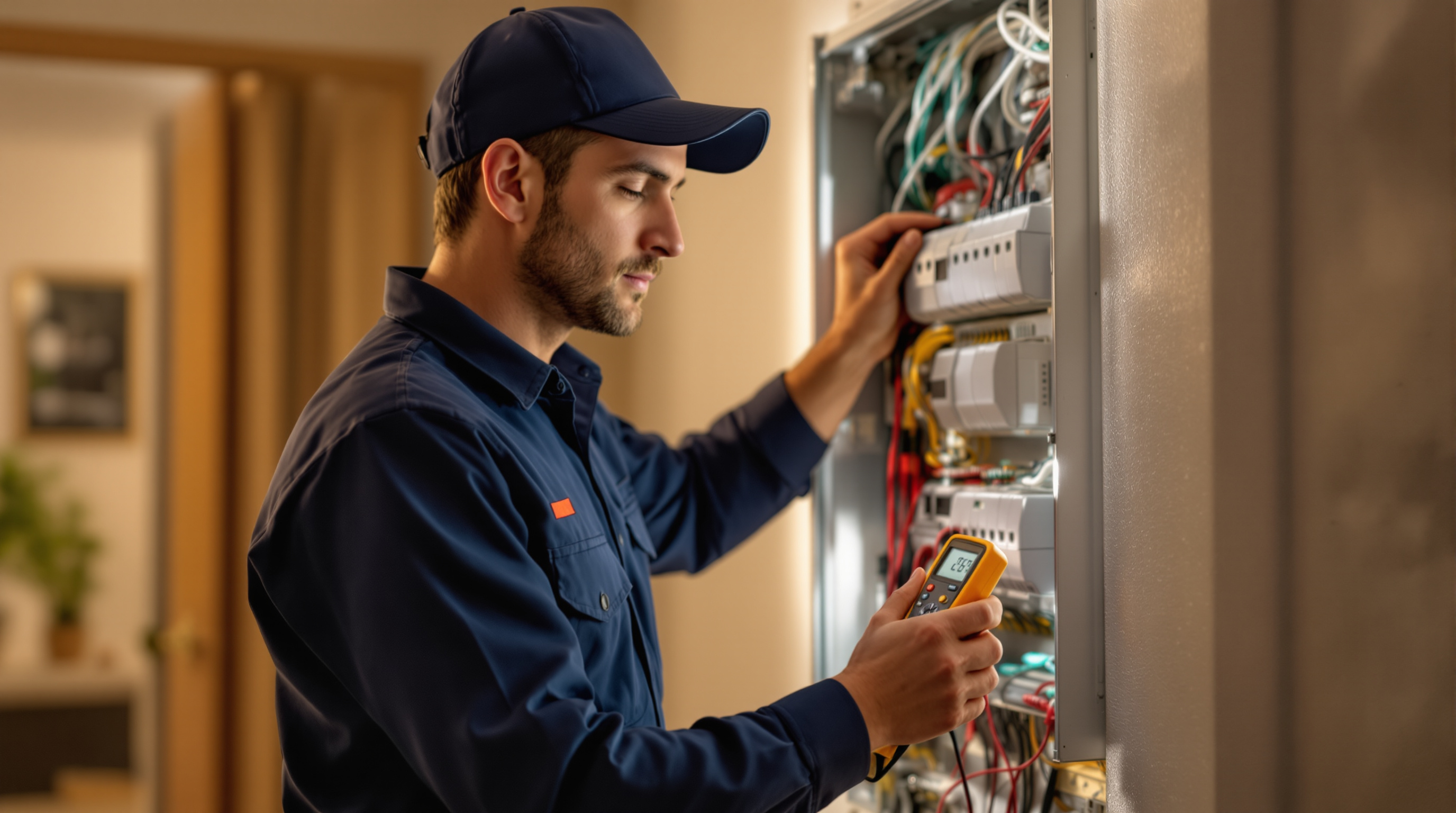 Electricista revisando cuadro eléctrico residencial con multímetro
