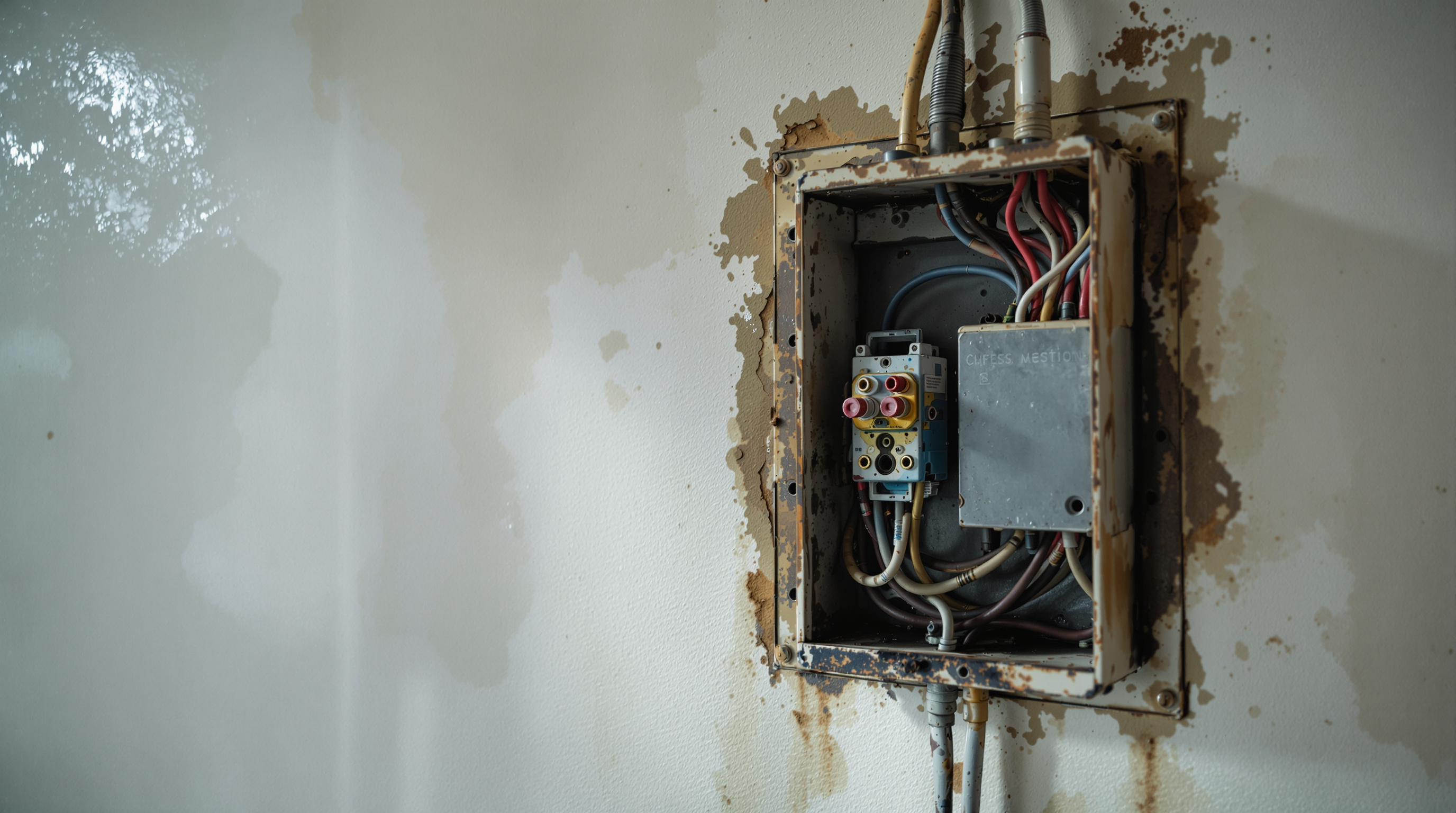Caja de empalmes eléctricos con signos de humedad en pared