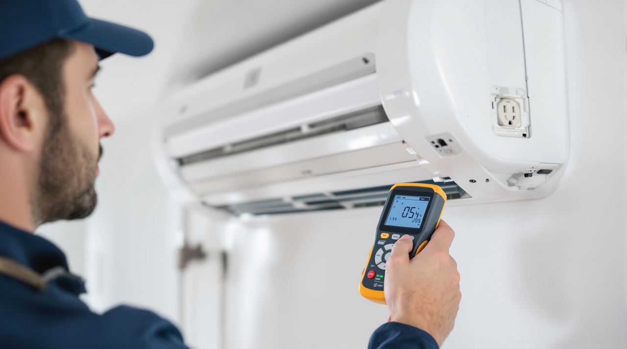 Técnico de ICEBOX revisando el consumo de un split de aire acondicionado en una vivienda de Barcelona