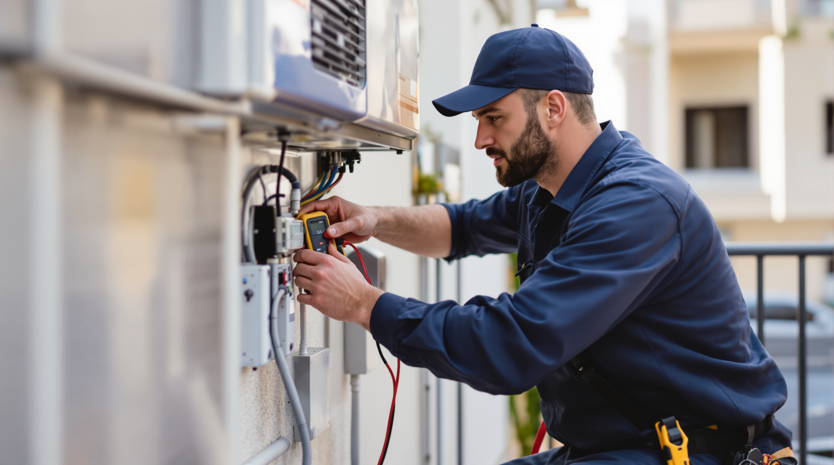 Técnico revisando el consumo eléctrico de un equipo de aire acondicionado