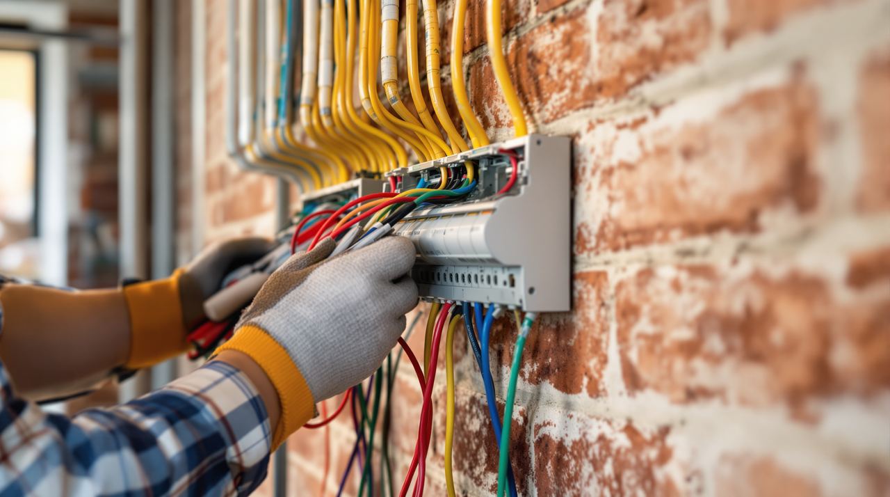 Electricista instalando canalizaciones y cableado en un local comercial en reforma en Barcelona