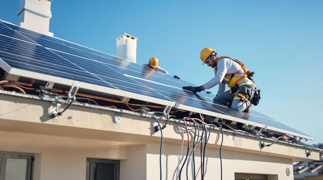 Instalación de placas solares fotovoltaicas en cubierta de edificio residencial en Barcelona