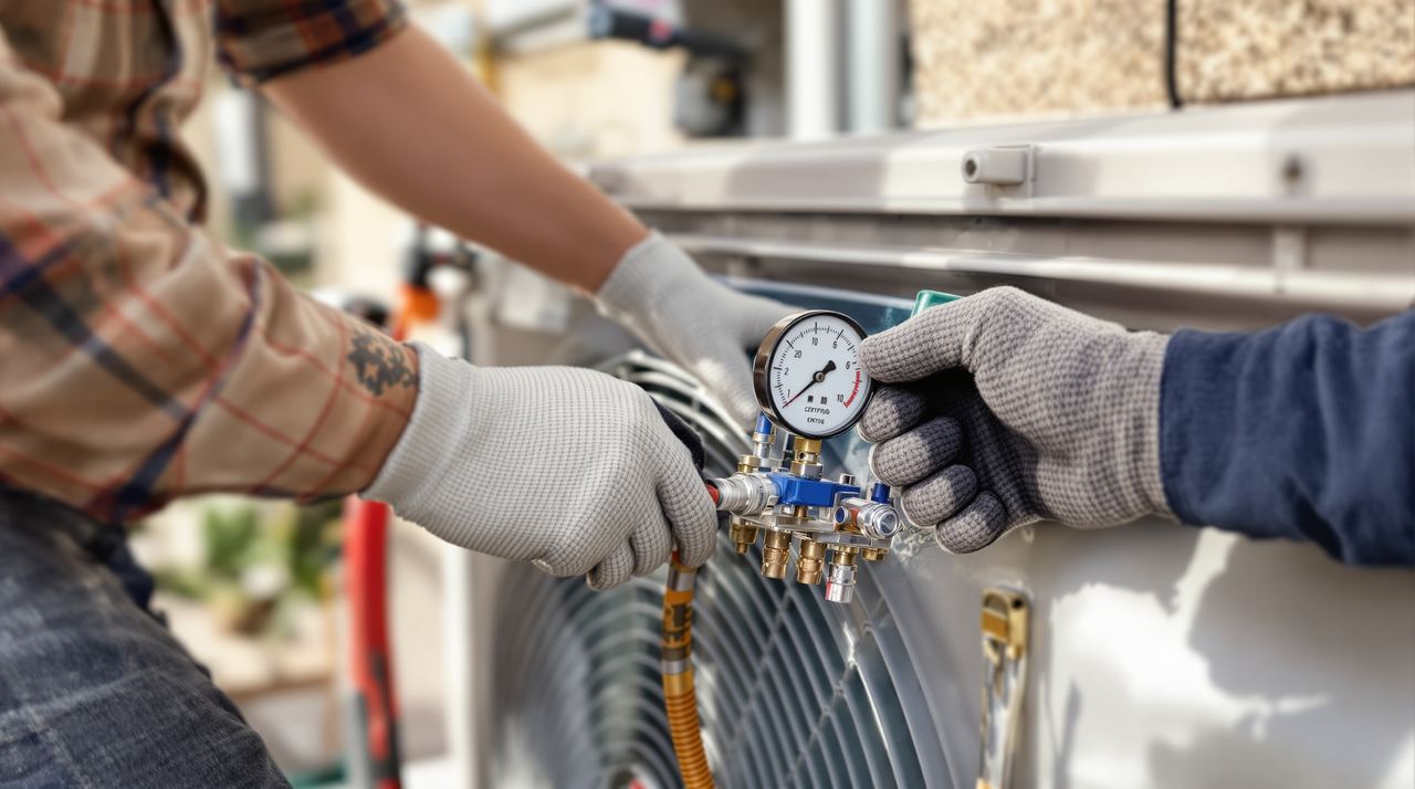 Instalador certificado RITE trabajando en unidad exterior de aire acondicionado en fachada de Barcelona