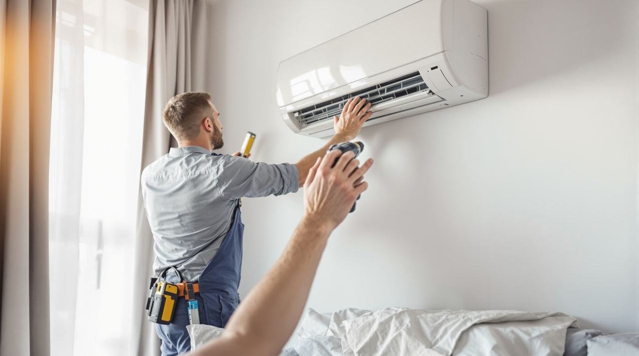 Técnico instalando unidad interior de split en salón de piso en Cornellà