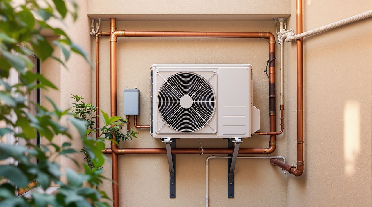 Unidad exterior de aire acondicionado instalada en patio interior de finca en Cornellà