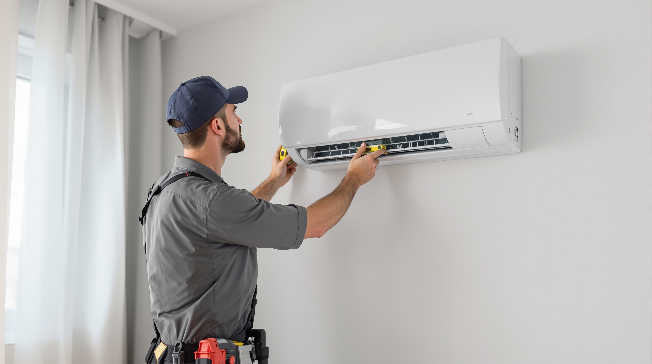 Técnico de ICEBOX instalando una unidad interior Daikin tipo split en un salón de Barcelona