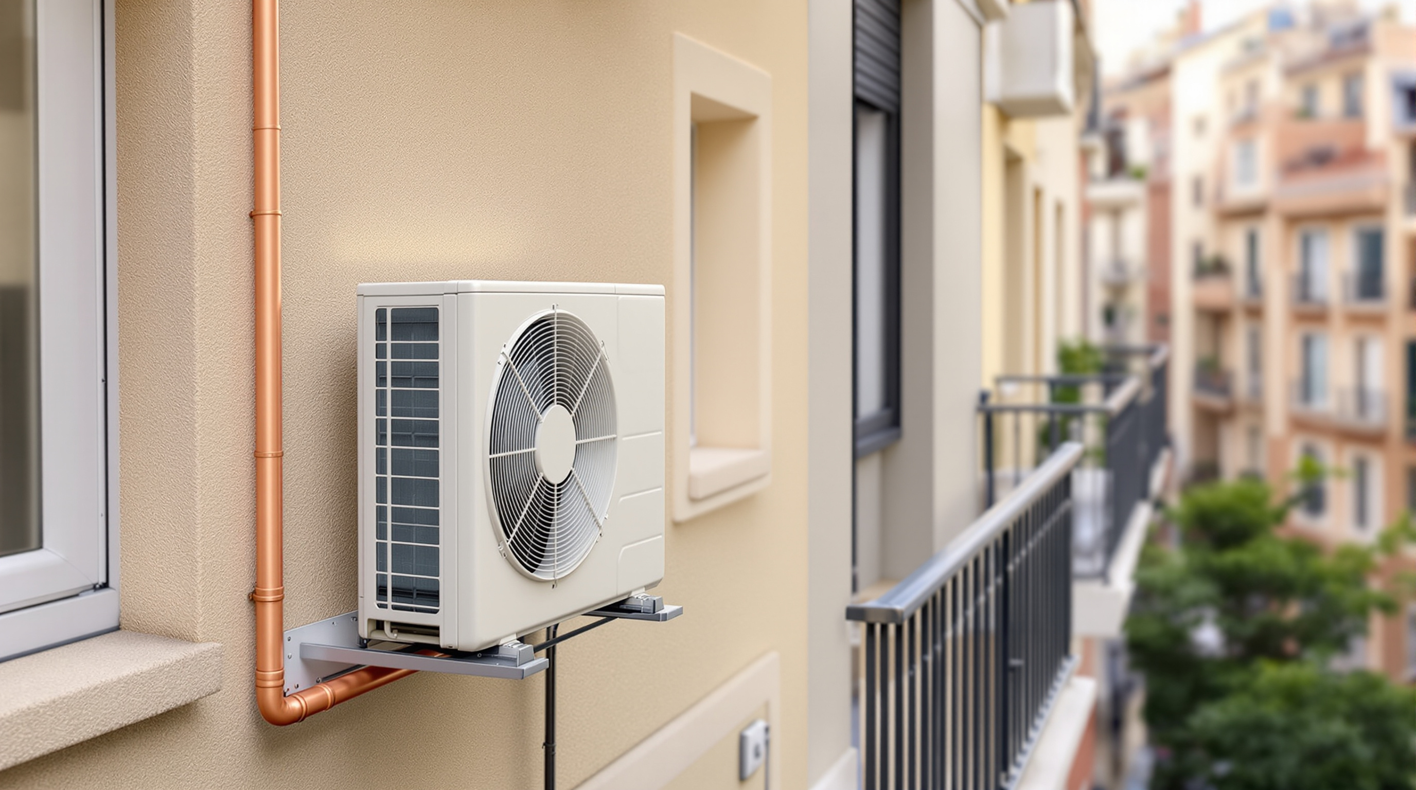 Unidad exterior Daikin instalada en la terraza de un piso de Barcelona con soportes antivibración