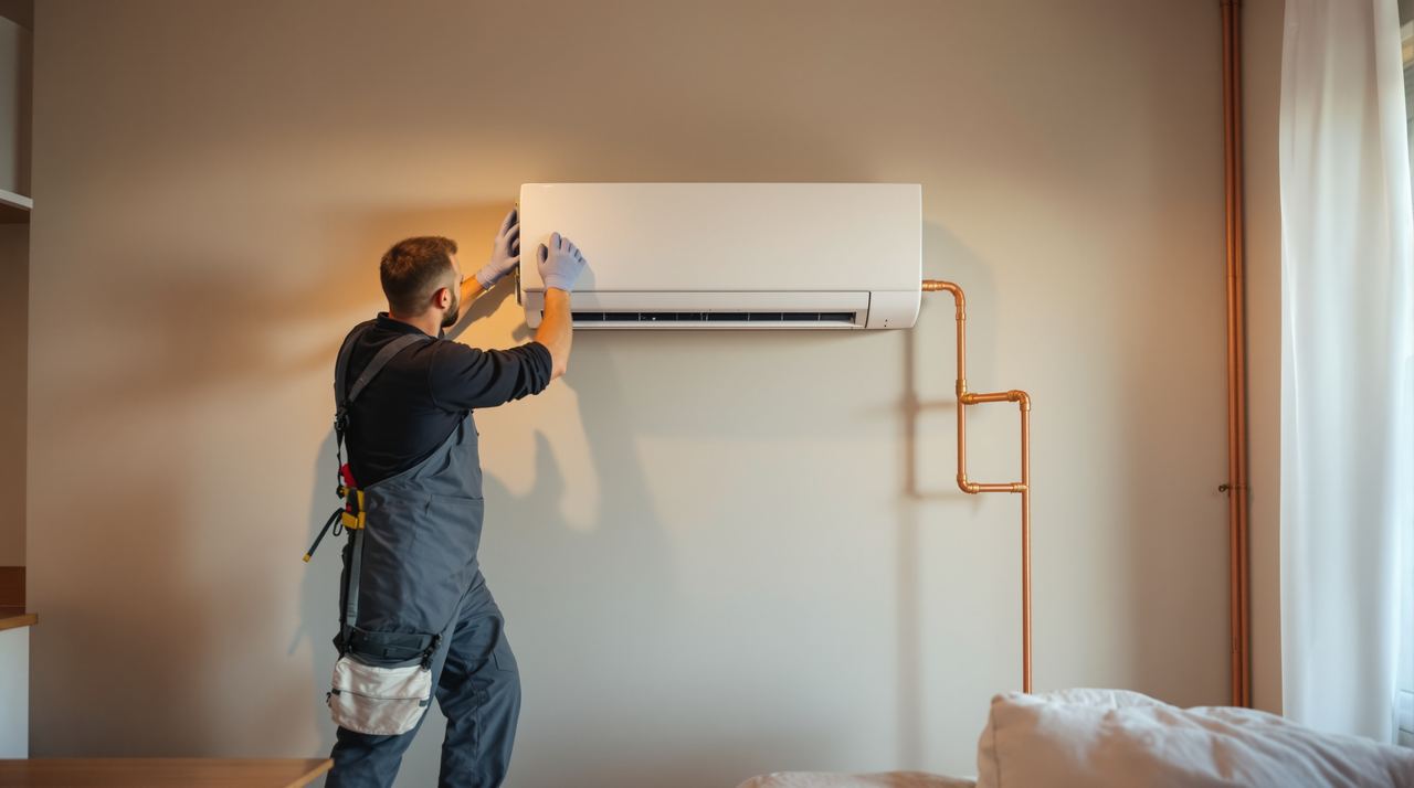 Técnico instalando unidad interior de aire acondicionado tipo split en salón