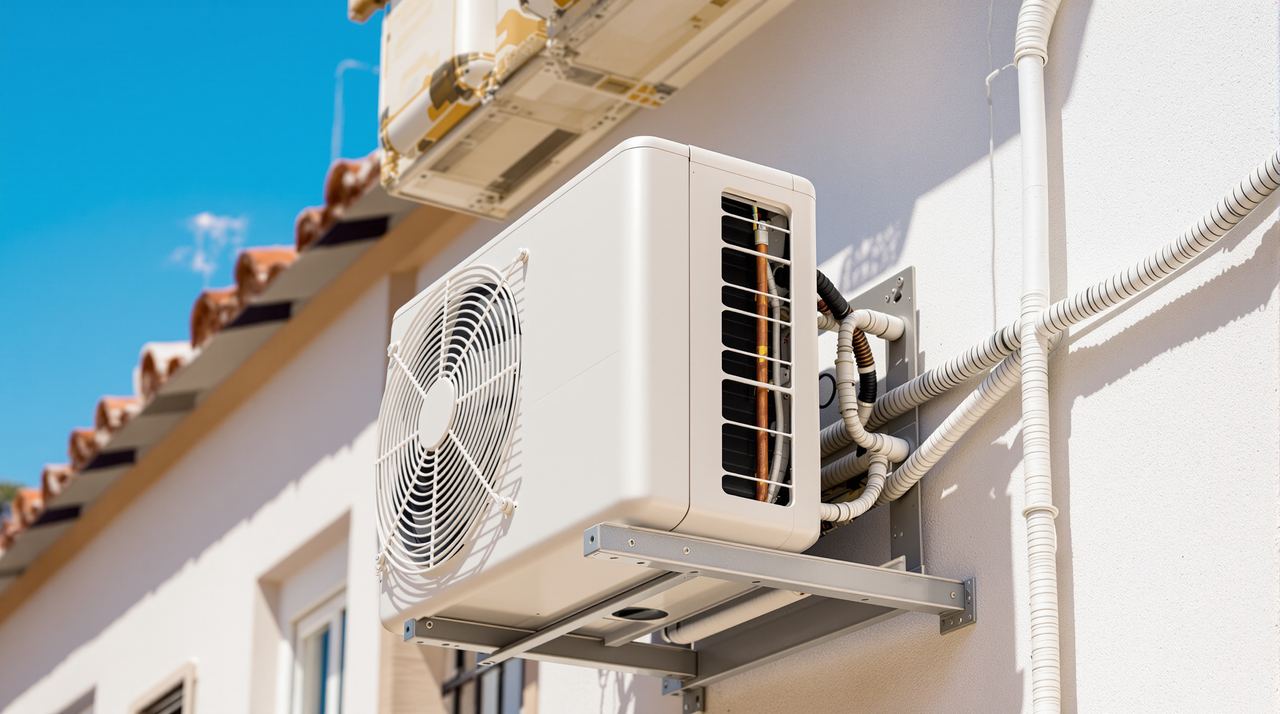 Unidad exterior de aire acondicionado instalada en balcón con fijación antivibratoria