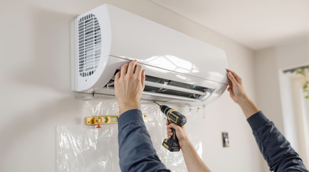 Técnico instalando unidad interior de split de pared en vivienda