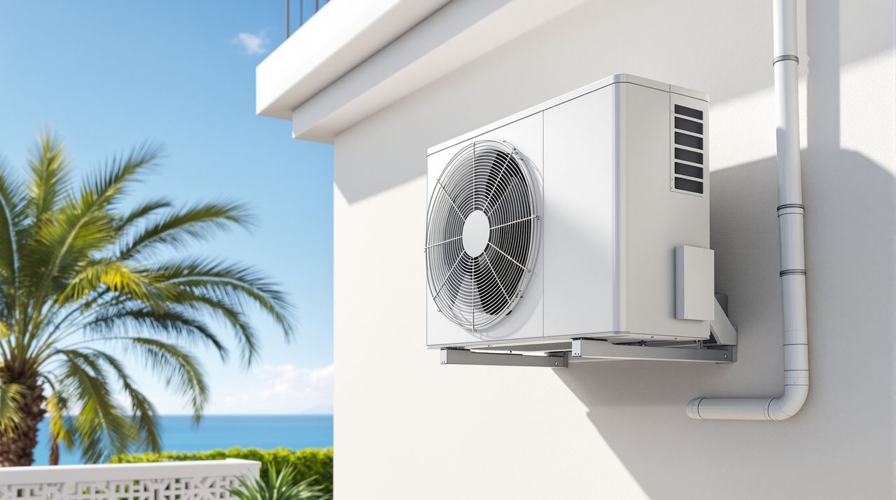Unidad exterior de aire acondicionado instalada en pared exterior de vivienda mediterránea