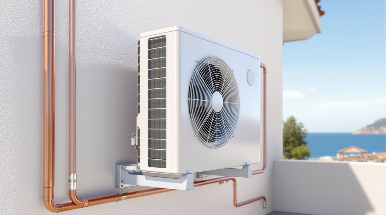 Unidad exterior de aire acondicionado instalada en patio de vivienda con soportes antivibración