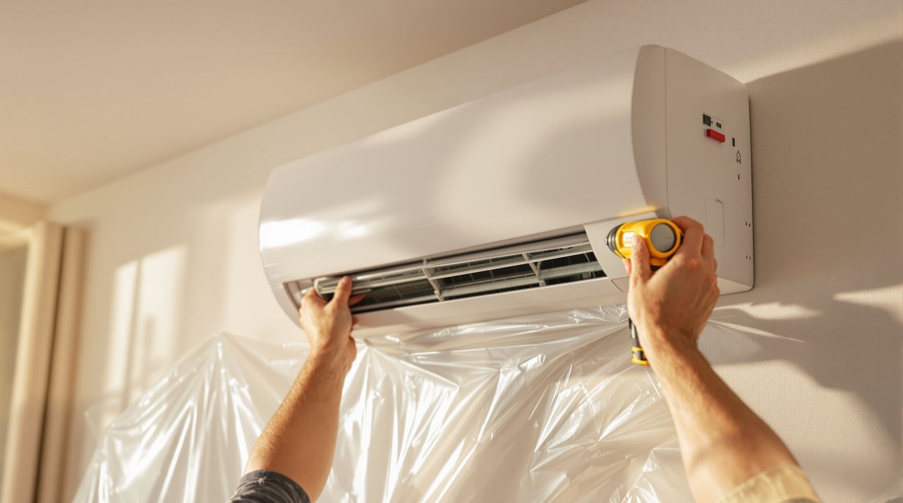 Técnico de ICEBOX instalando unidad interior de split en salón de piso en Sabadell