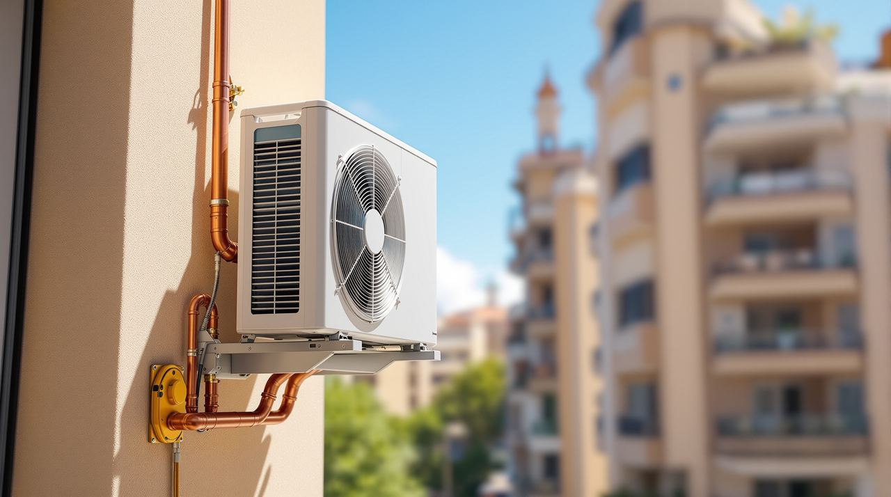 Unidad exterior de aire acondicionado instalada en fachada de edificio en Sabadell