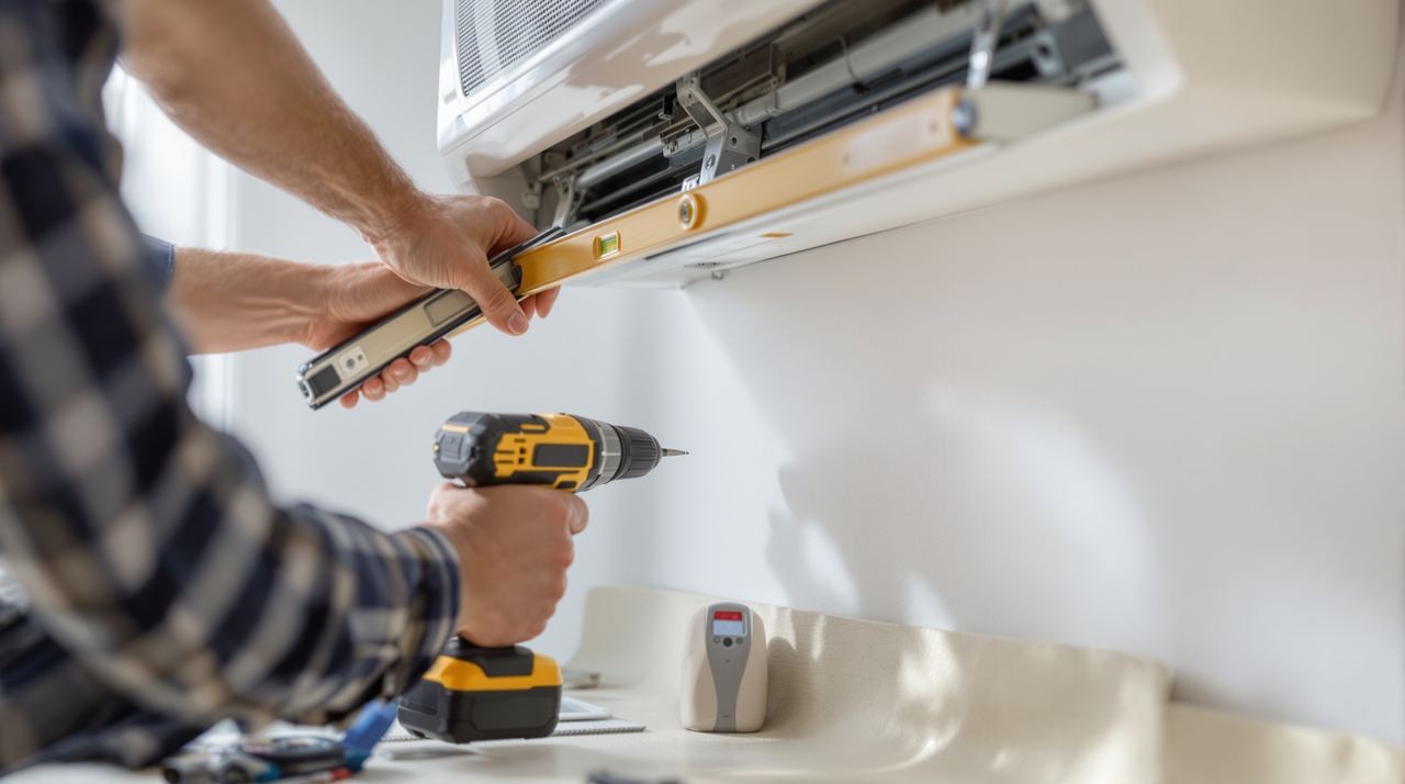 Técnico instalando unidad interior de split en pared de salón en Barcelona