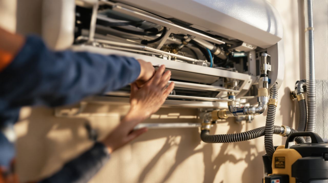 Técnico instalando una unidad interior de aire acondicionado split en el salón de una vivienda