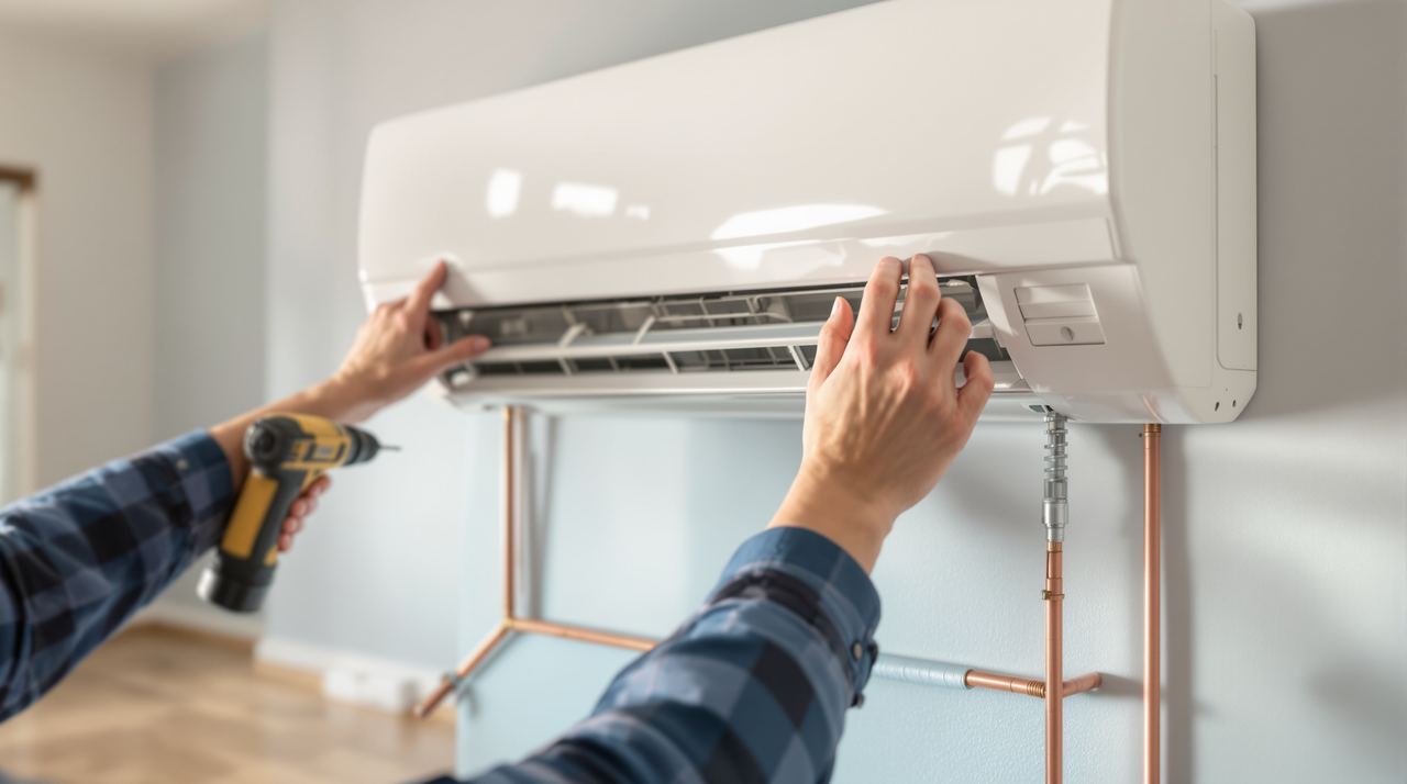 Técnico instalando una unidad interior split de aire acondicionado en pared de un piso de Barcelona