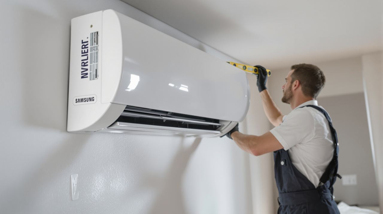 Técnico de ICEBOX instalando una unidad interior Samsung en un piso de Barcelona