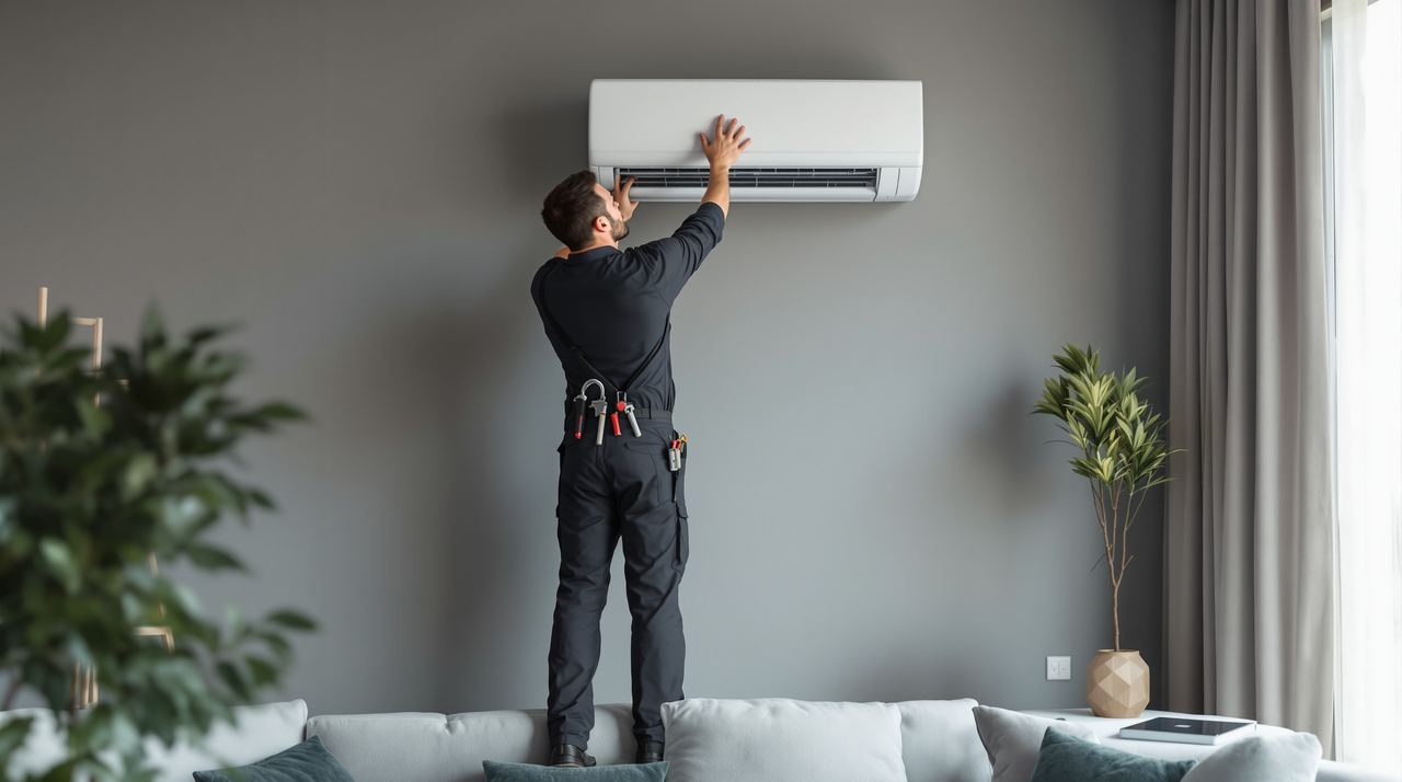 Técnico de ICEBOX instalando una unidad interior de multisplit en el salón de un piso