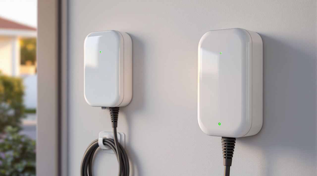Wallbox blanco instalado en pared de garaje con Tesla y Kia EV cargando
