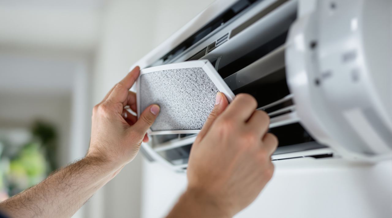Técnico de ICEBOX limpiando el filtro de un split en una vivienda de Barcelona
