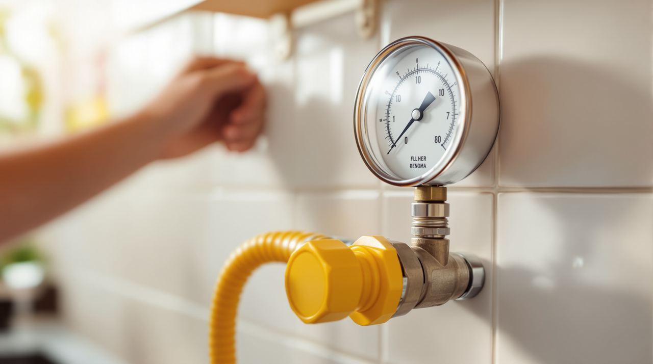 Manómetro de prueba de estanqueidad conectado a instalación de gas doméstica