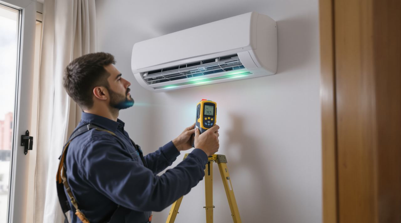 Instalador midiendo estancia para calcular frigorías de aire acondicionado en piso pequeño