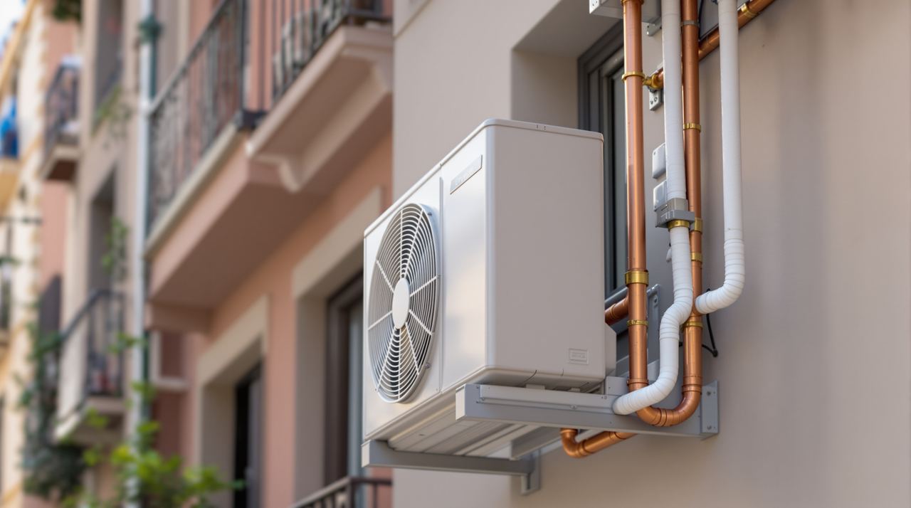 Unidad exterior de aire acondicionado instalada correctamente en fachada de piso pequeño en Barcelona