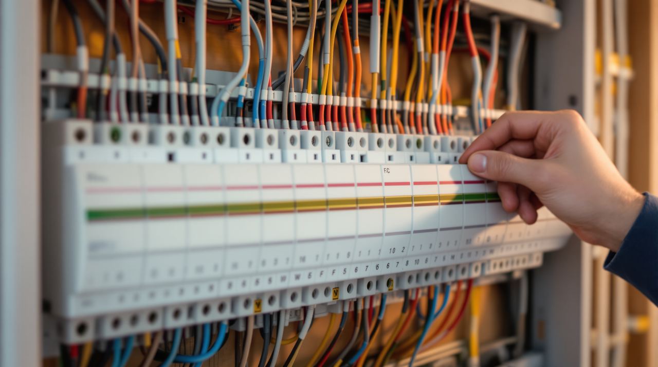 Electricista instalando cuadro eléctrico nuevo en un piso reformado