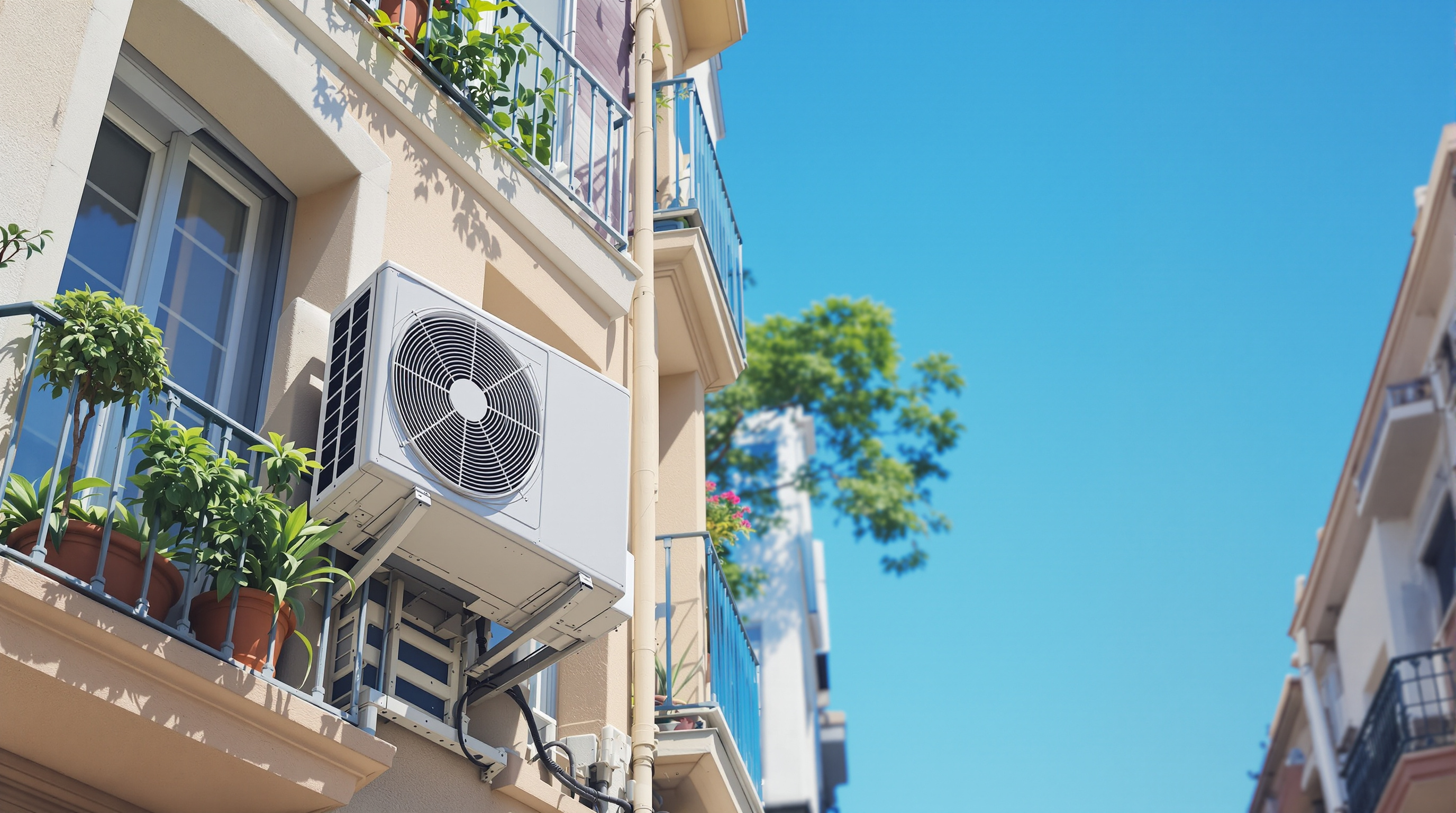 Unidad exterior de aire acondicionado en una fachada de un edificio del Eixample en Barcelona