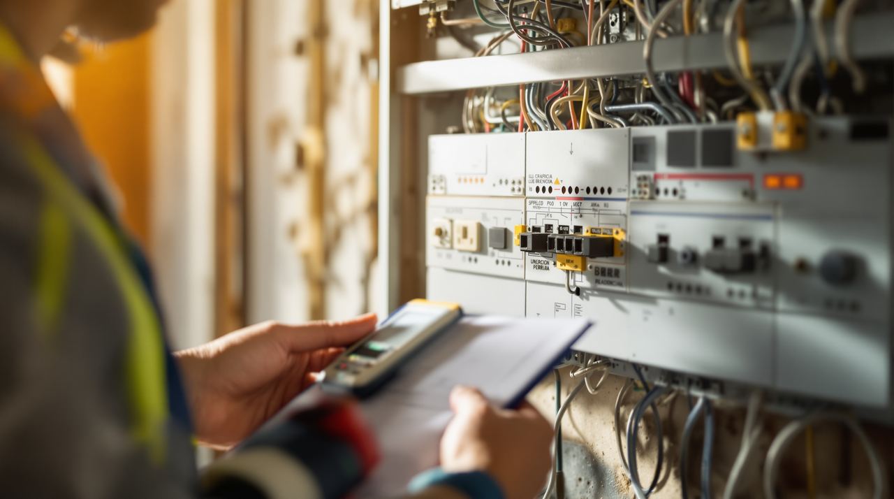 Aparejador revisando planos e instalación eléctrica durante visita técnica previa a una reforma en Barcelona