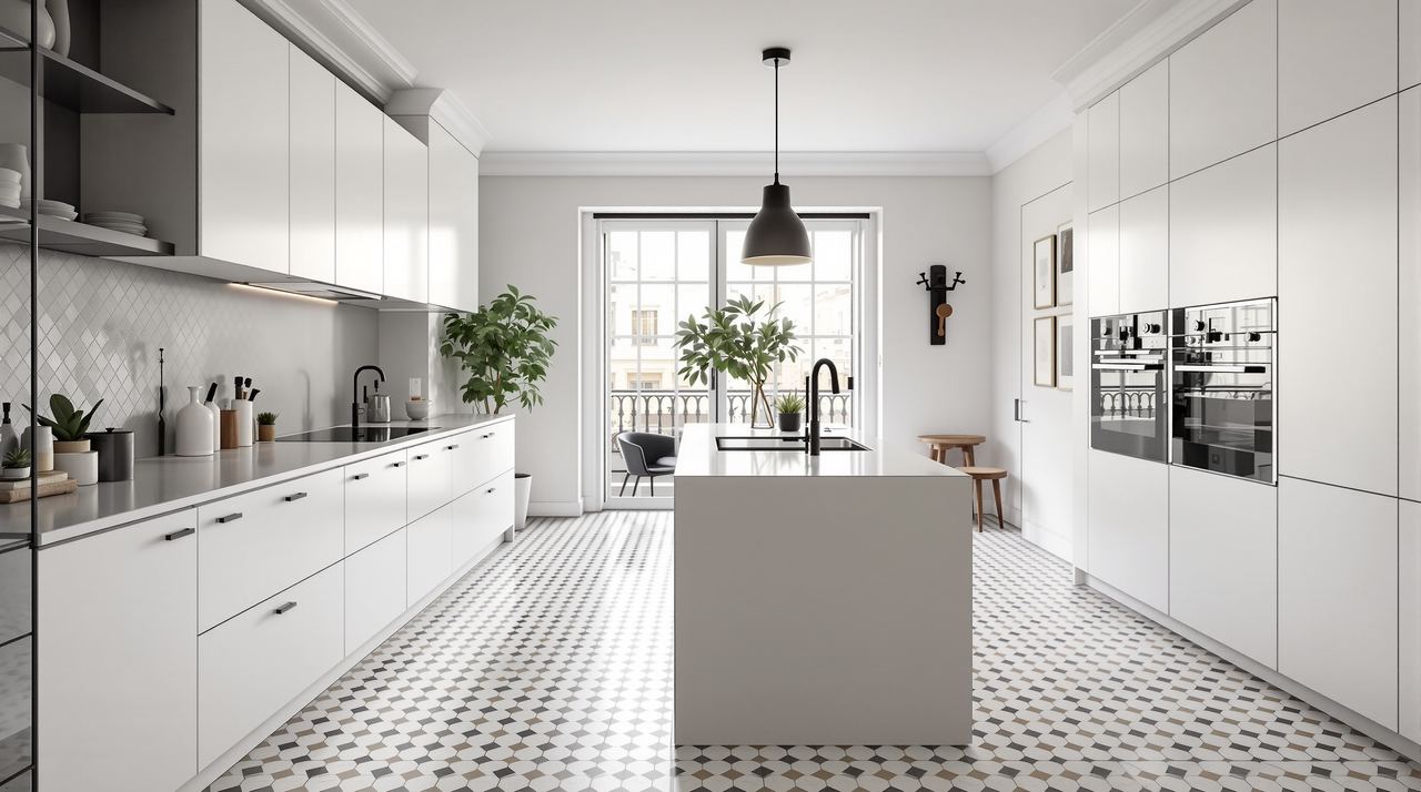 Cocina reformada abierta al salón en piso del Eixample de Barcelona con isla central y suelos hidráulicos restaurados