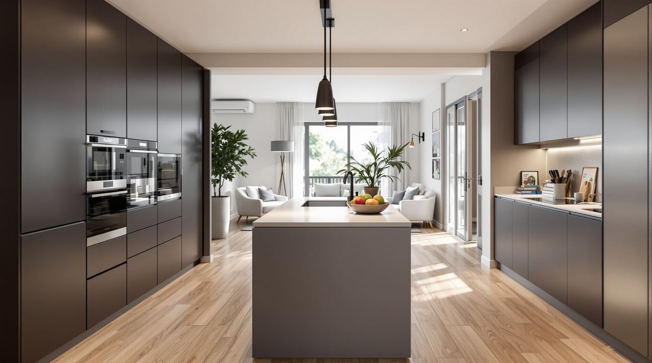 Cocina abierta al salón con isla central en piso reformado en Barcelona
