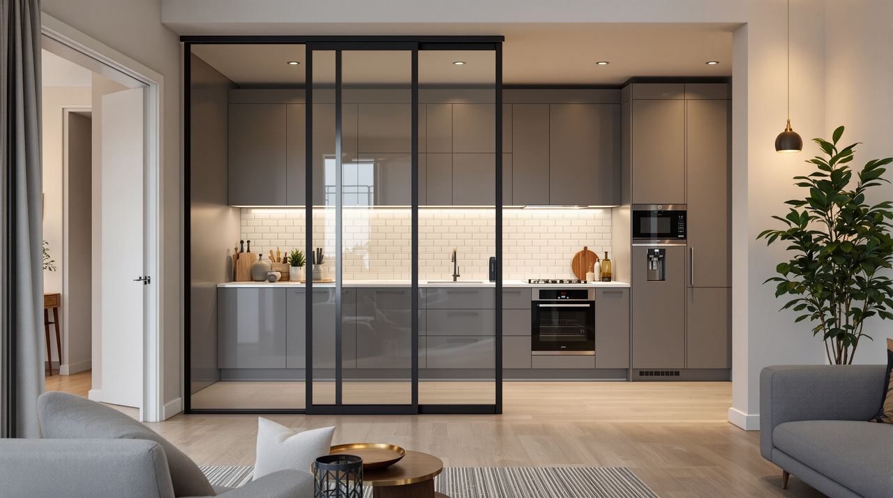Cocina cerrada moderna con puerta corredera de cristal en piso reformado
