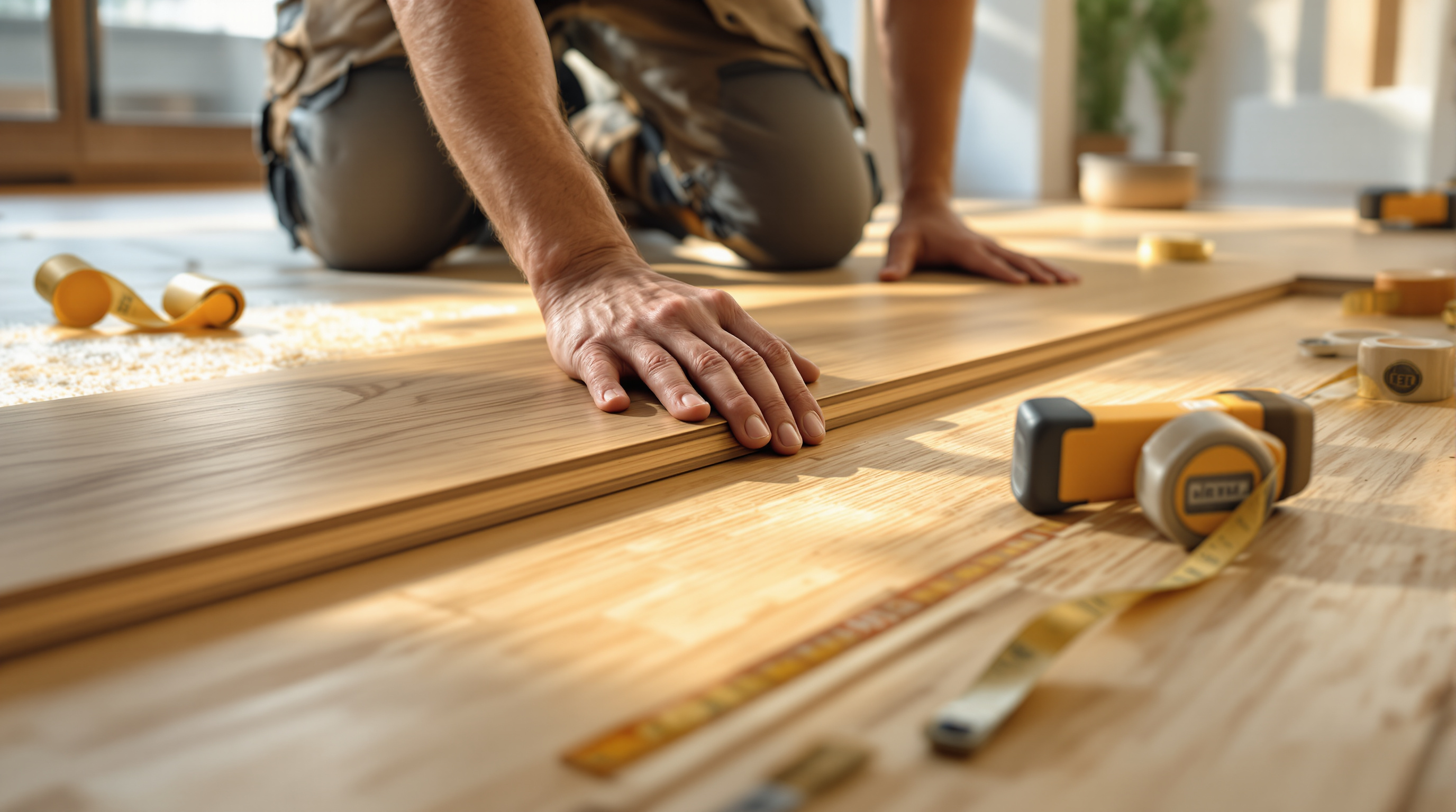 Instalador colocando tabla de parquet de roble en piso del Eixample de Barcelona