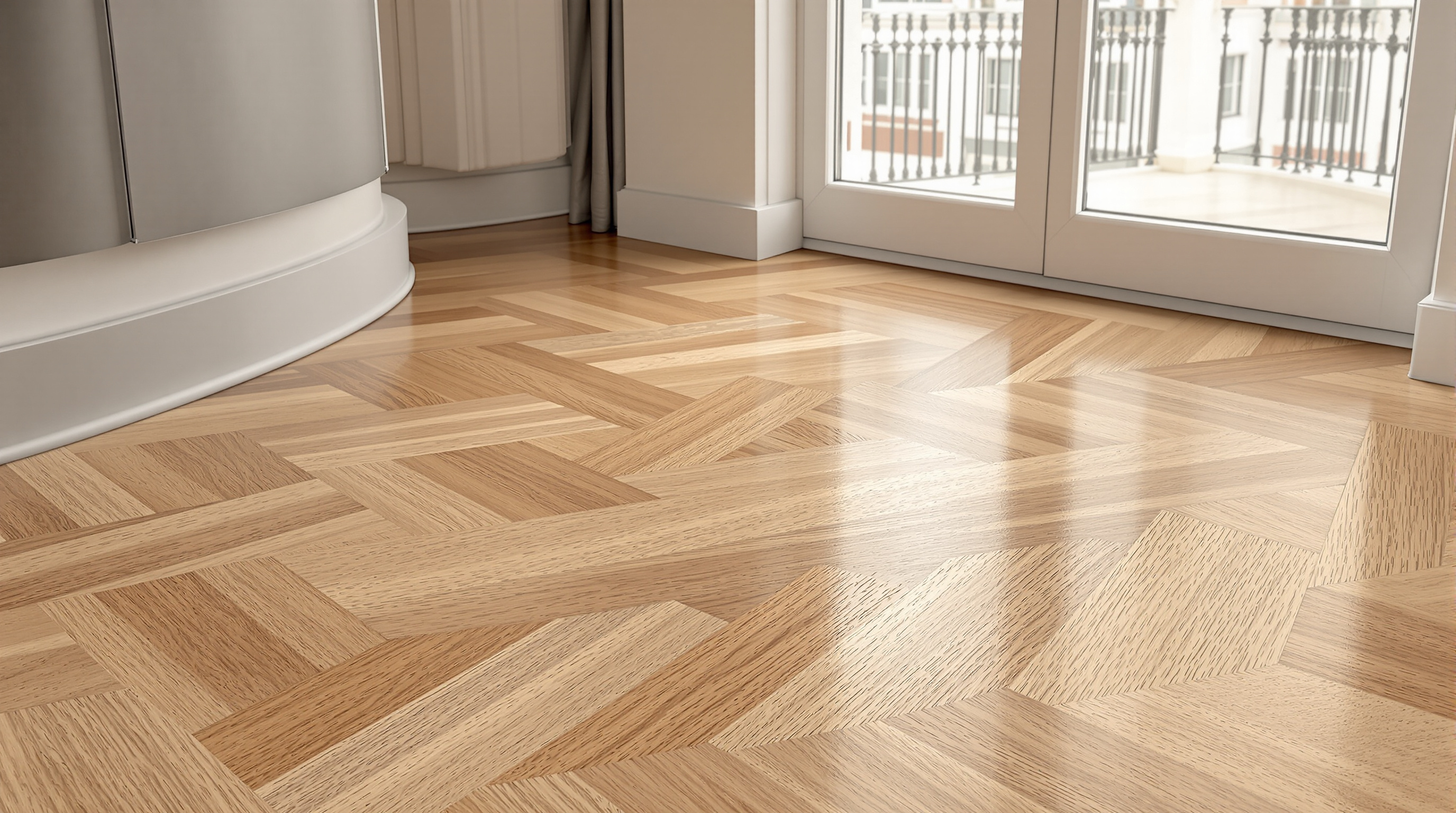 Detalle de instalación de parquet en espiga francesa con rodapié blanco en salón de Barcelona
