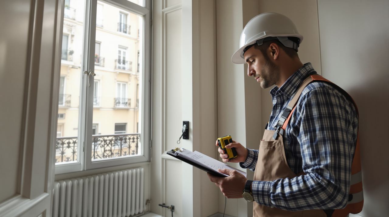 Aparejador revisando planos de una reforma interior en un piso del Eixample de Barcelona