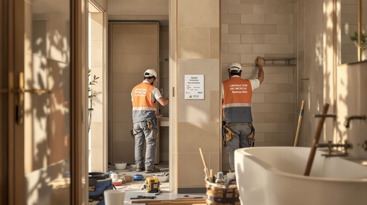 Obra de reforma integral en curso en un piso céntrico de Barcelona con permisos visibles