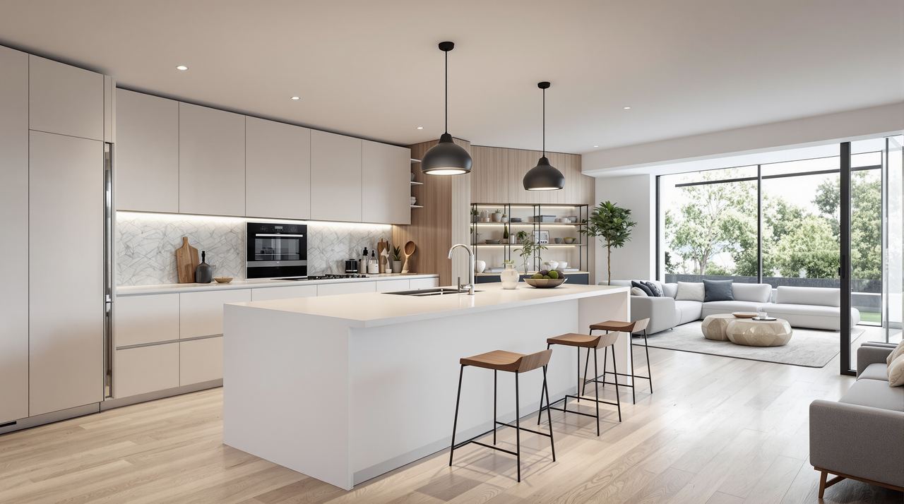 Cocina abierta al salón reformada en Terrassa con isla central